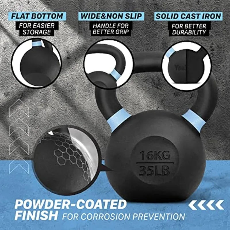 Yes4All Powder Coated Kettlebell Weights with Wide Handles & Flat Bottoms Cast Iron Kettlebells for Strength
